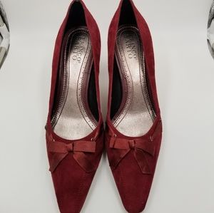 Franco Sarto Impala Burgundy Suede Leather Pumps Bow Details Kitty Heel Size 9M